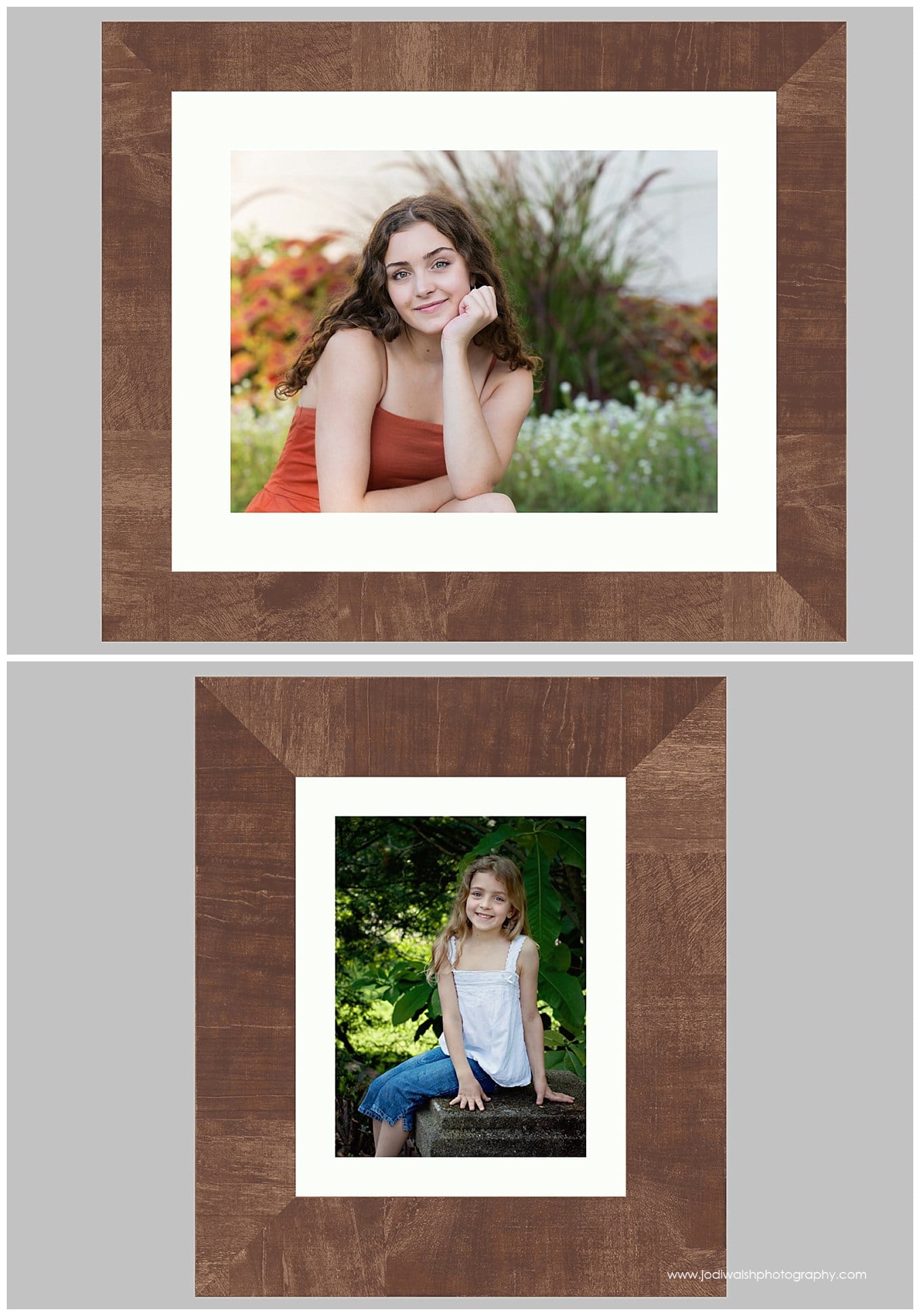 image of two framed photographs.  one is a senior girl sitting in a garden, resting her chin in her hand and her elbow on her knee.  The second image is the senior girl as a little girl.  She's wearing a white shirt and is sitting on a garden wall.