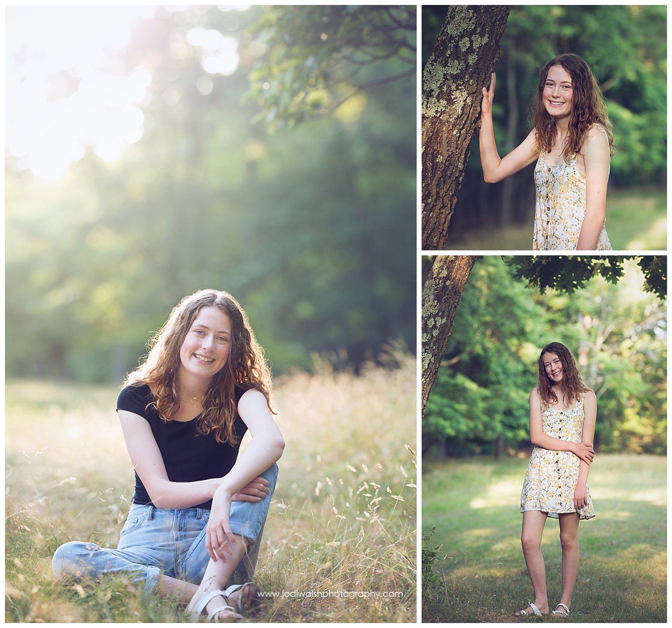 images of a senior girl in North Park.  She's wearing jeans and sitting in the grass.  She's wearing a white dress with flowers and standing next to a tree.
