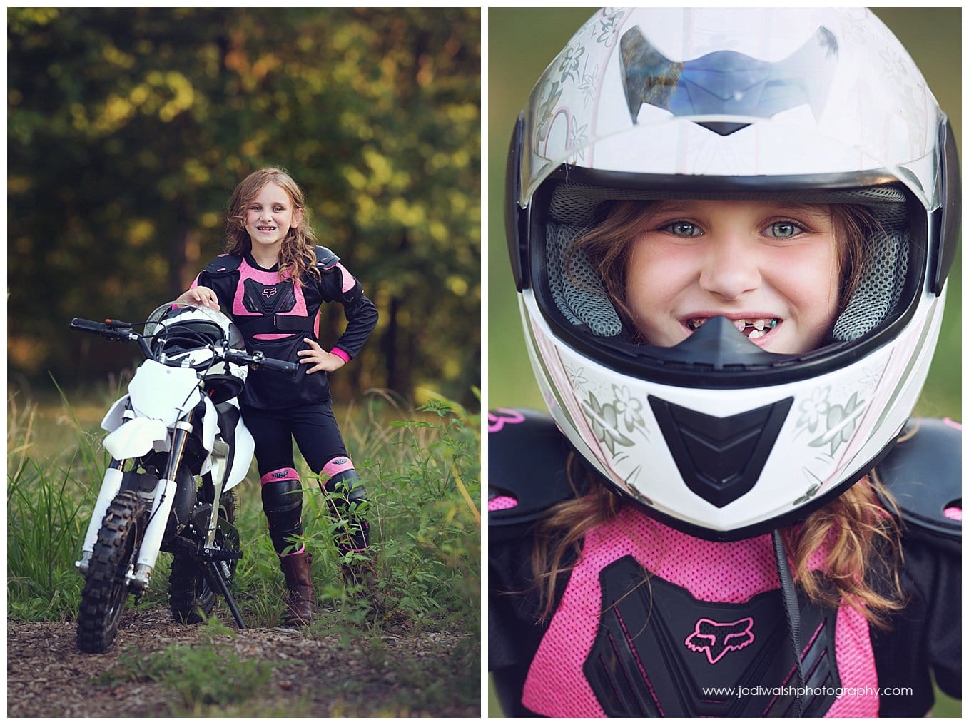 images of a little girl wearing black and pink racing gear with her dirt bike in South Park.  She's wearing a white helmet and grinning.