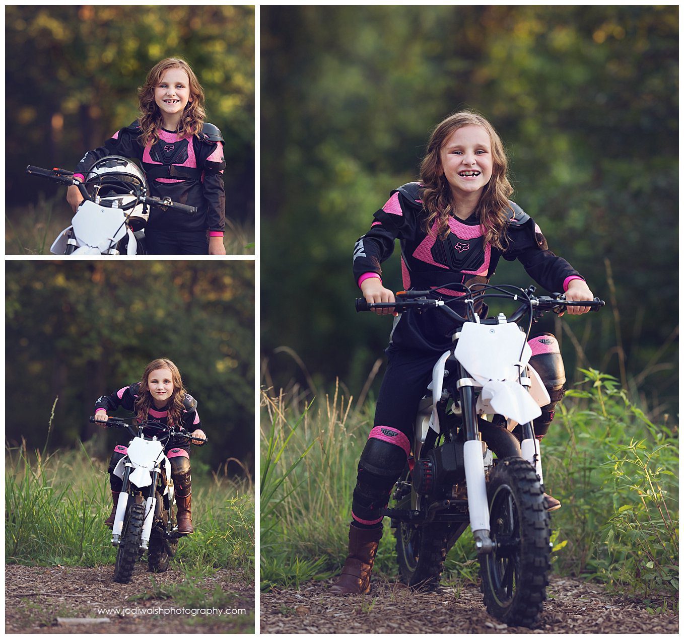 images of little gear wearing black and pink racing gear with her white dirt bike in South Park.  She's standing next to the bike in one image and in the others, she's sitting on the bike.