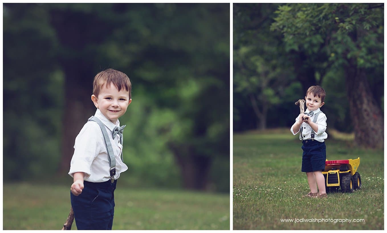 images of a little boy wearing a bow tie and suspenders.  He is holding a big stick and has large toy dump truck.