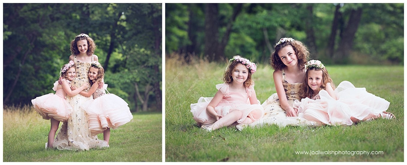 images of three little sisters wearing princess dresses at a park.  In the first image they're hugging each other.  In the second, they're sitting in the grass in North Park.