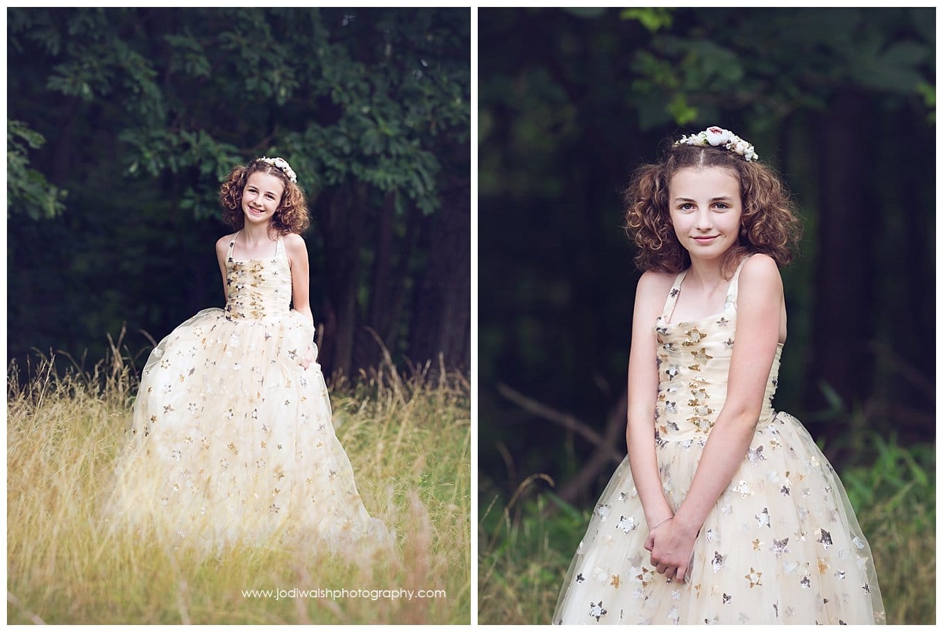 image of a tween girl with dark curly hair, wearing a princess dress and standing in the tall grass at the edge of a wood in North Park.