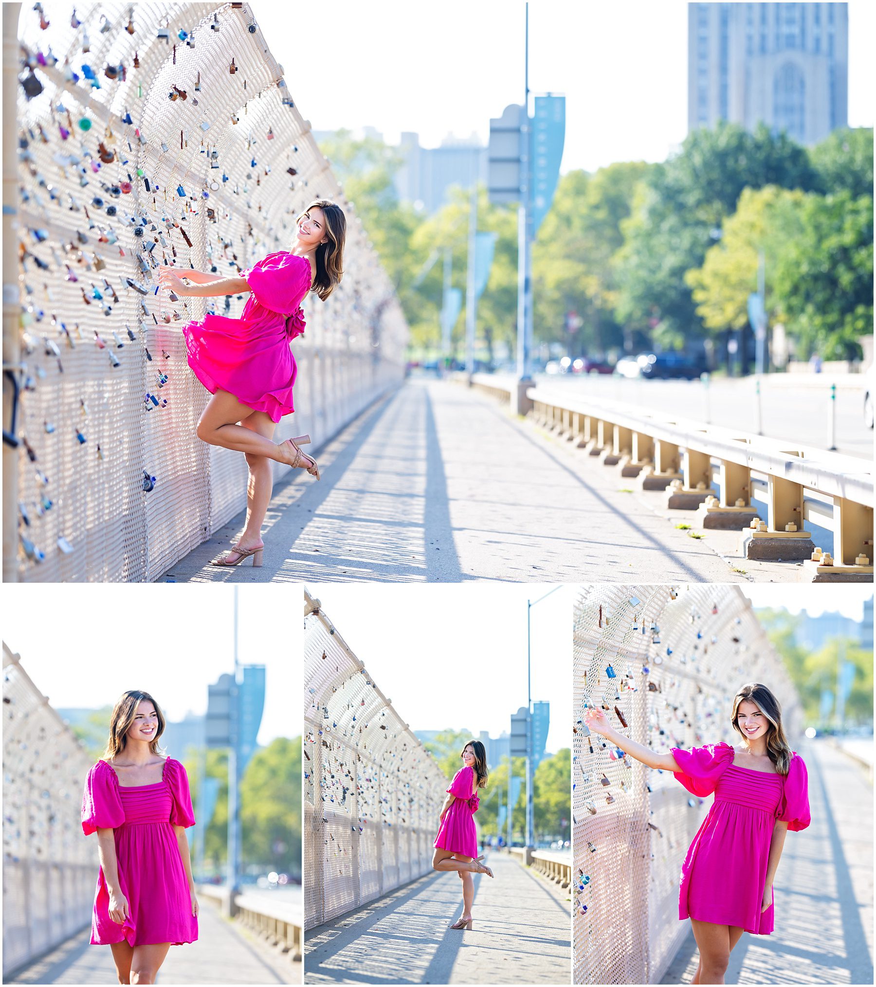 A senior girl wearing a short, bright pink dress, walking and posing on Schenley Bridge in Oakland, Pittsburgh.