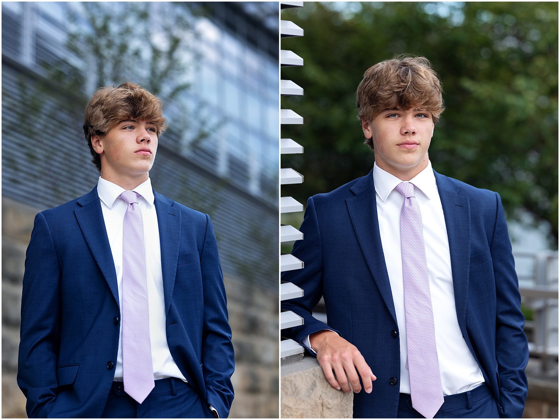 images of a senior guy wearing a blue suit and lavender tie along the North Shore Trail in Pittsburgh