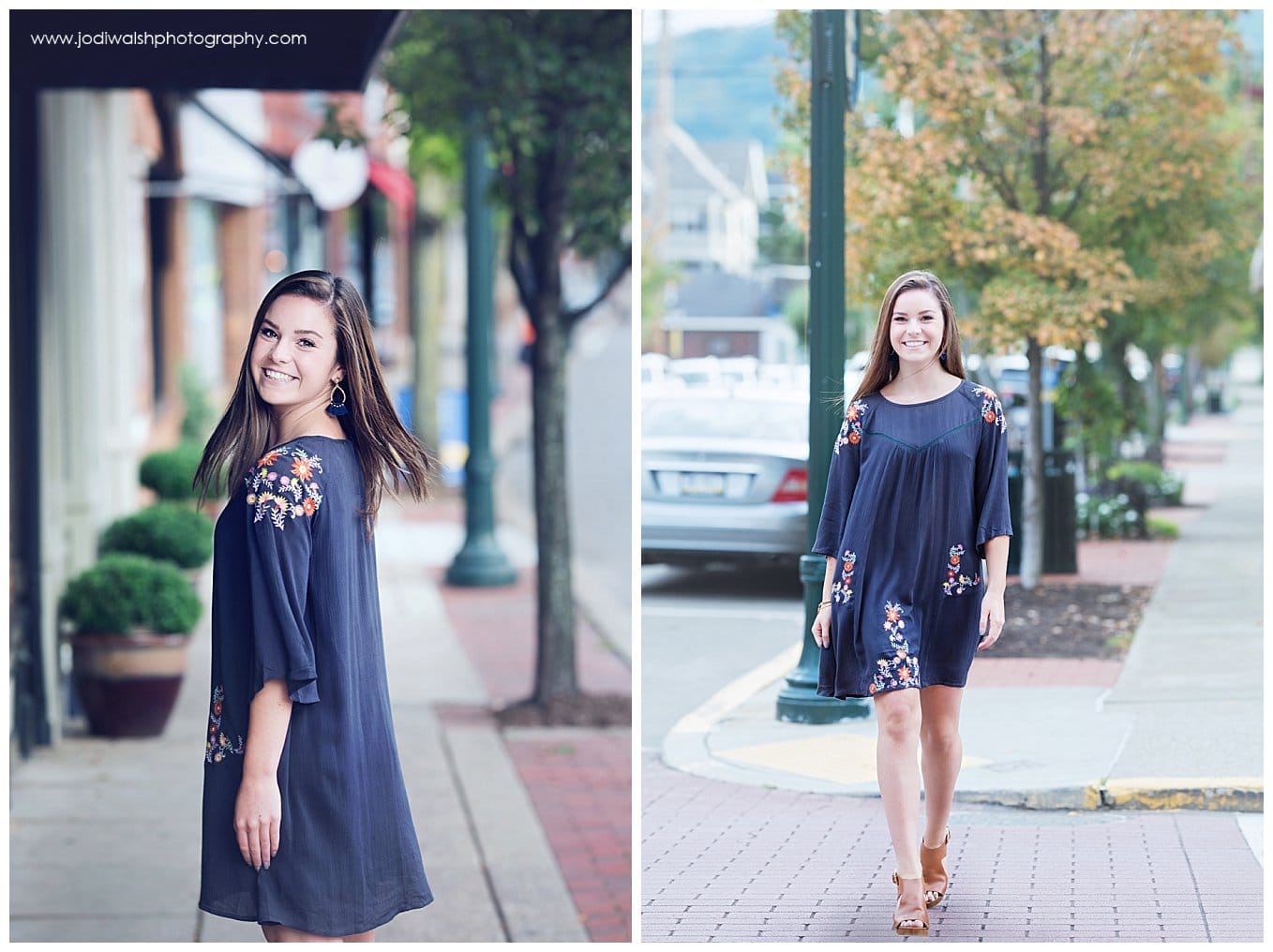 images of a senior girl posing for portraits in Sewickley.  She's walking and smiling and wearing a gray flowered dress.