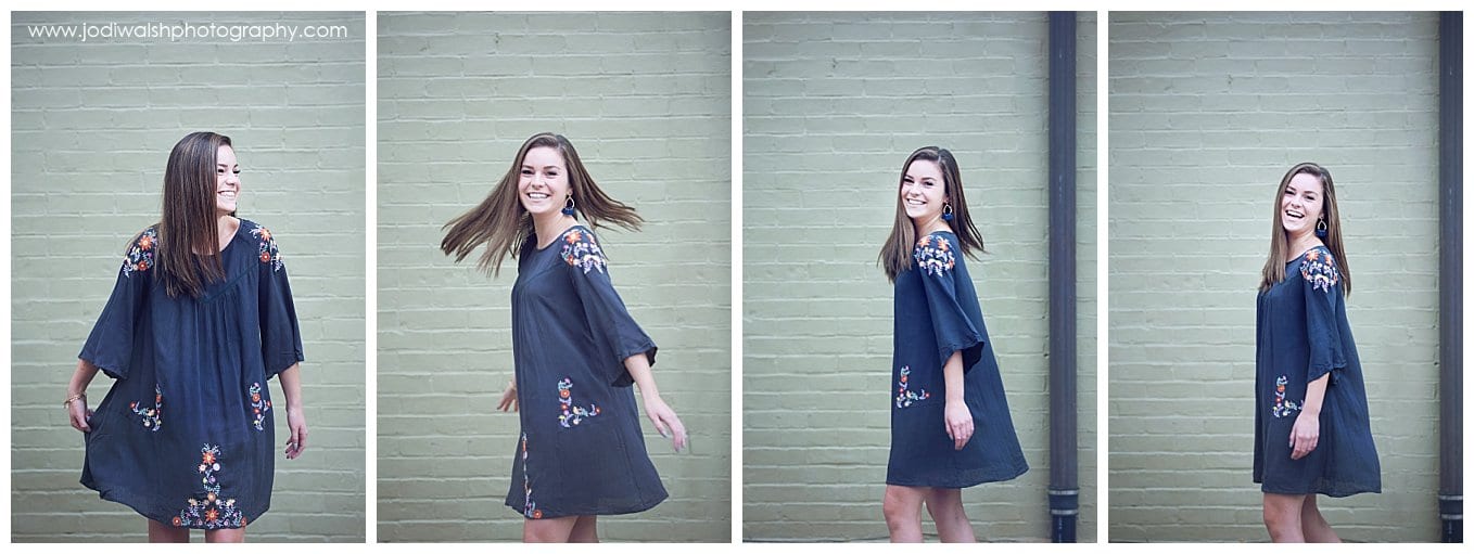 collage of images of a senior girl twirling as she wears a gray flowered dress.  Images show examples of posing.