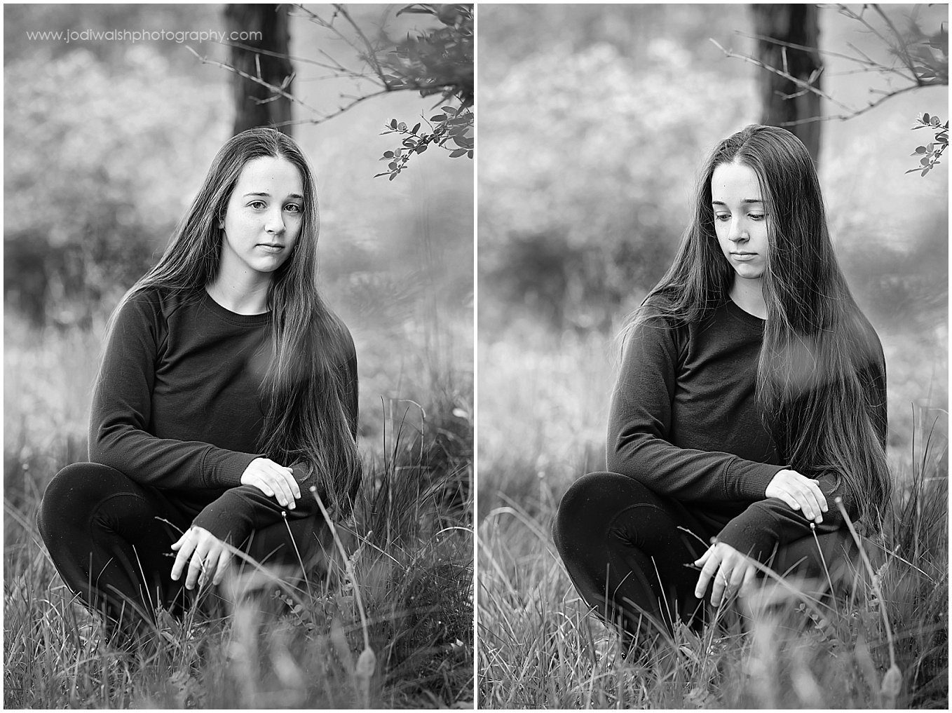 black and white images of teen girl posing as she sits in the tall grass