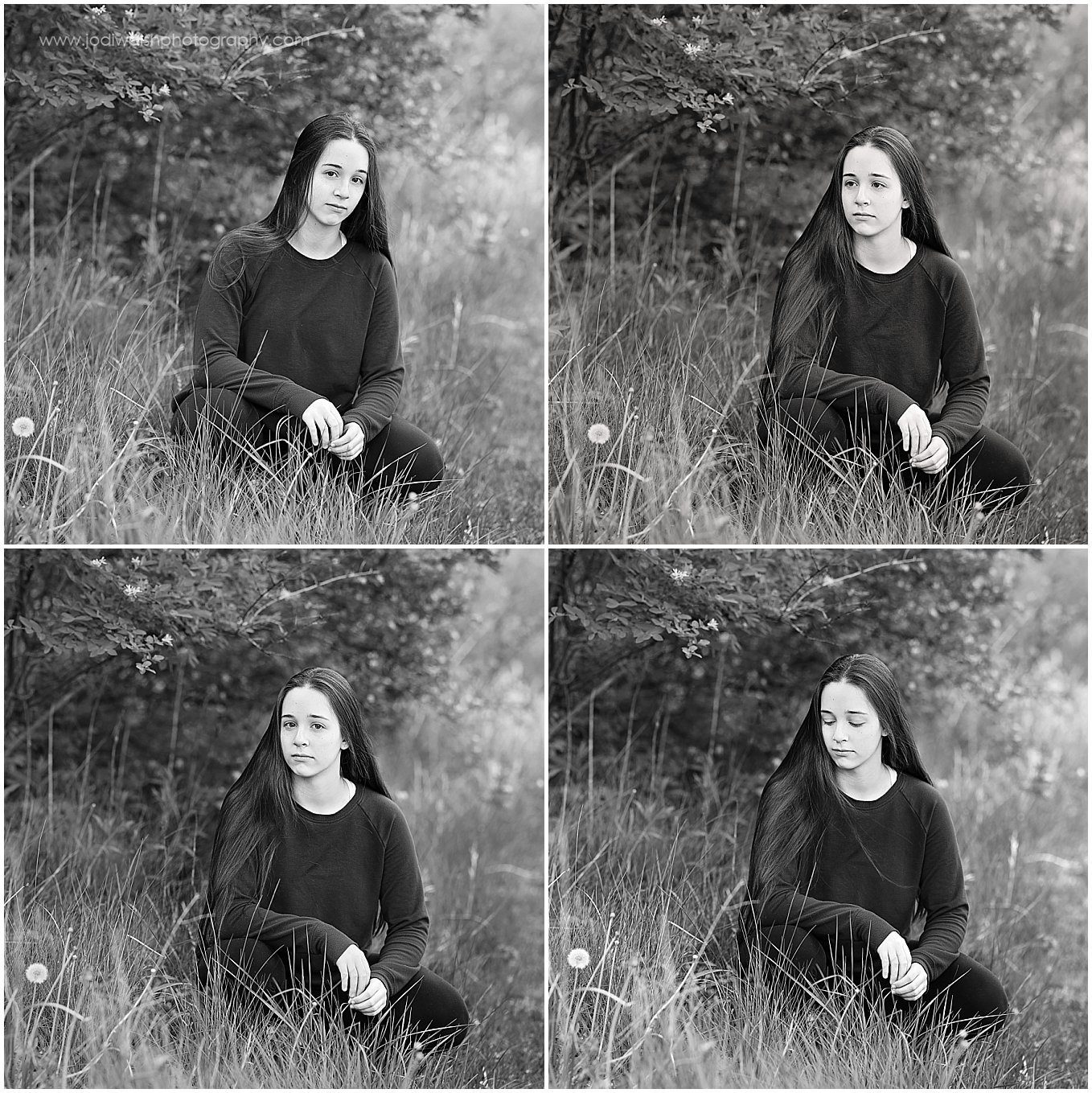images of a teen girl sitting in the grass with different expressions