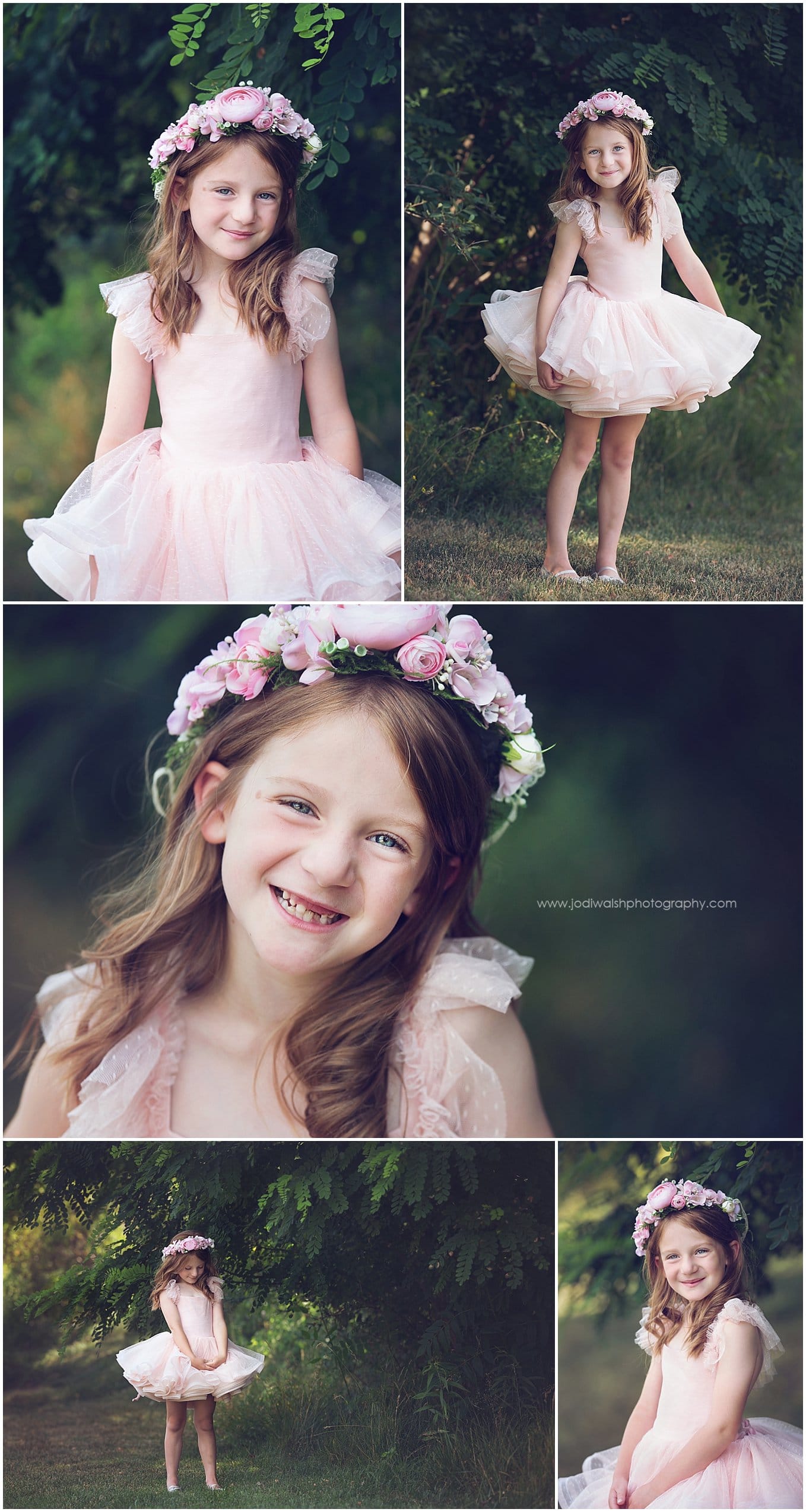 collage of images of a little girl wearing a pink poofy princess dress for portraits. she has red hair and is wearing a pink flower crown and smiling.