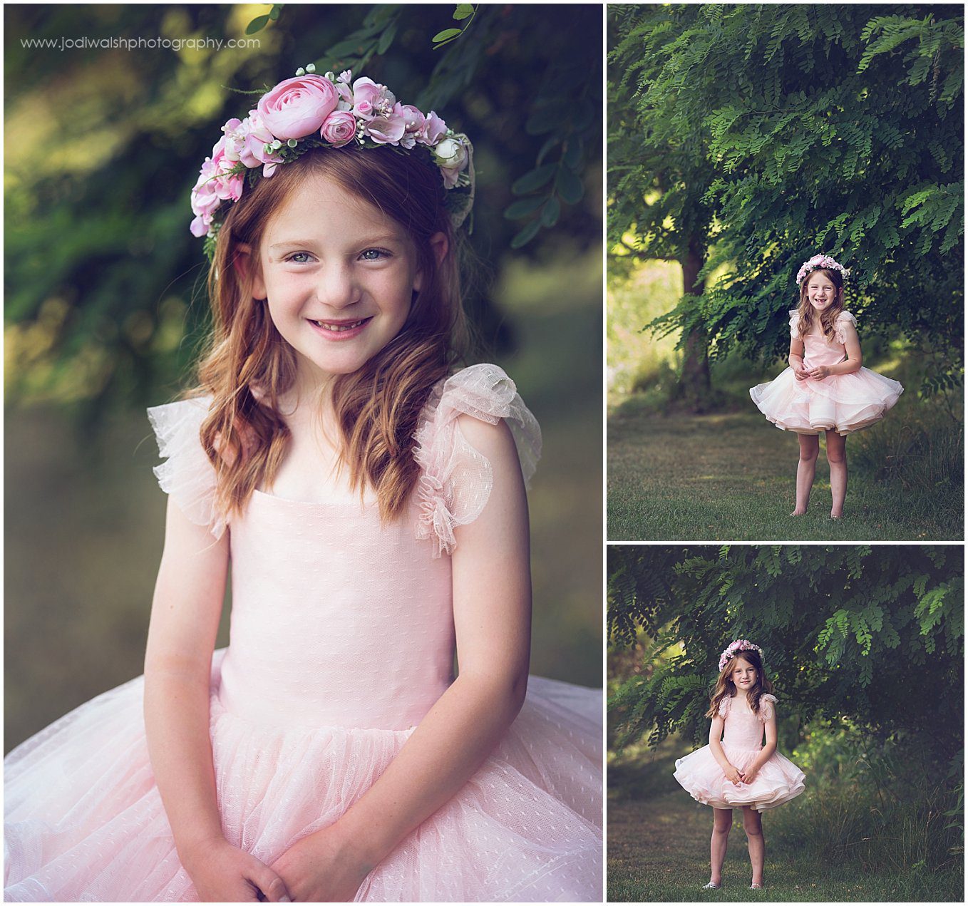 collage of images of a little girl wearing a pink poofy princess dress for portraits. she has red hair and is wearing a pink flower crown and smiling.