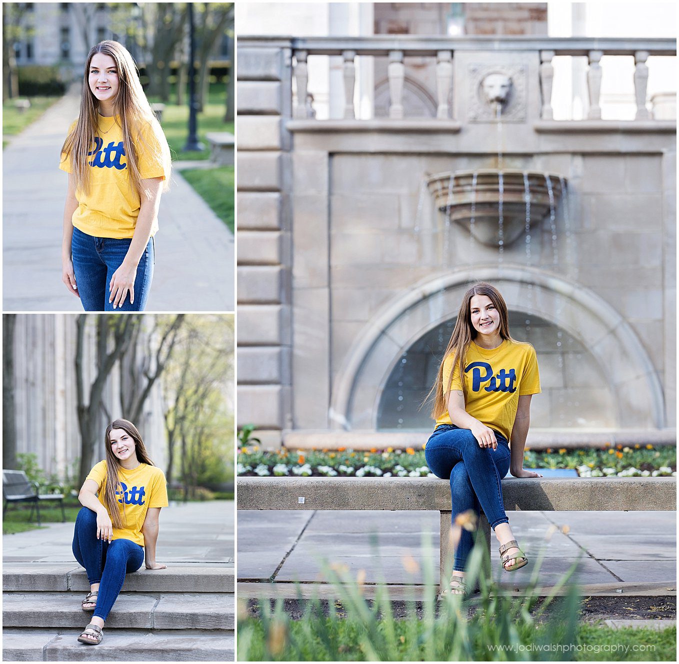 collage of spring senior portraits at Pitt. The senior girl is wearing a blue and yellow University of Pittsburgh t-shirt.  She's seen sitting on a sidewalk near the Cathedral of Learning and smiling.