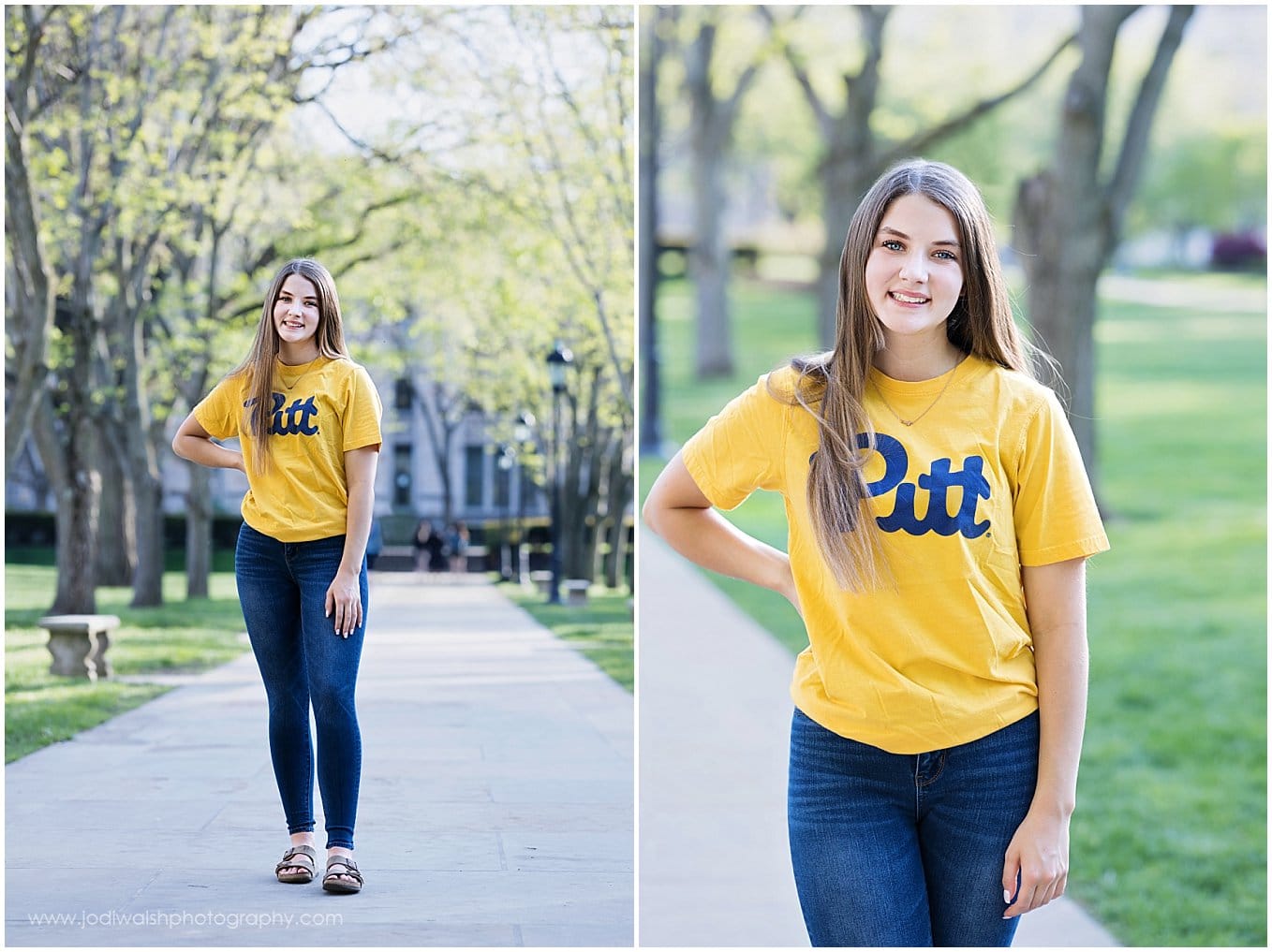 Spring senior portraits at Pitt.  Two images of a senior girl wearing jeans and a yellow and blue University of Pittsburgh t-shirt.  She's standing on the sidewalk and smiling, near the Cathedral of Learning.