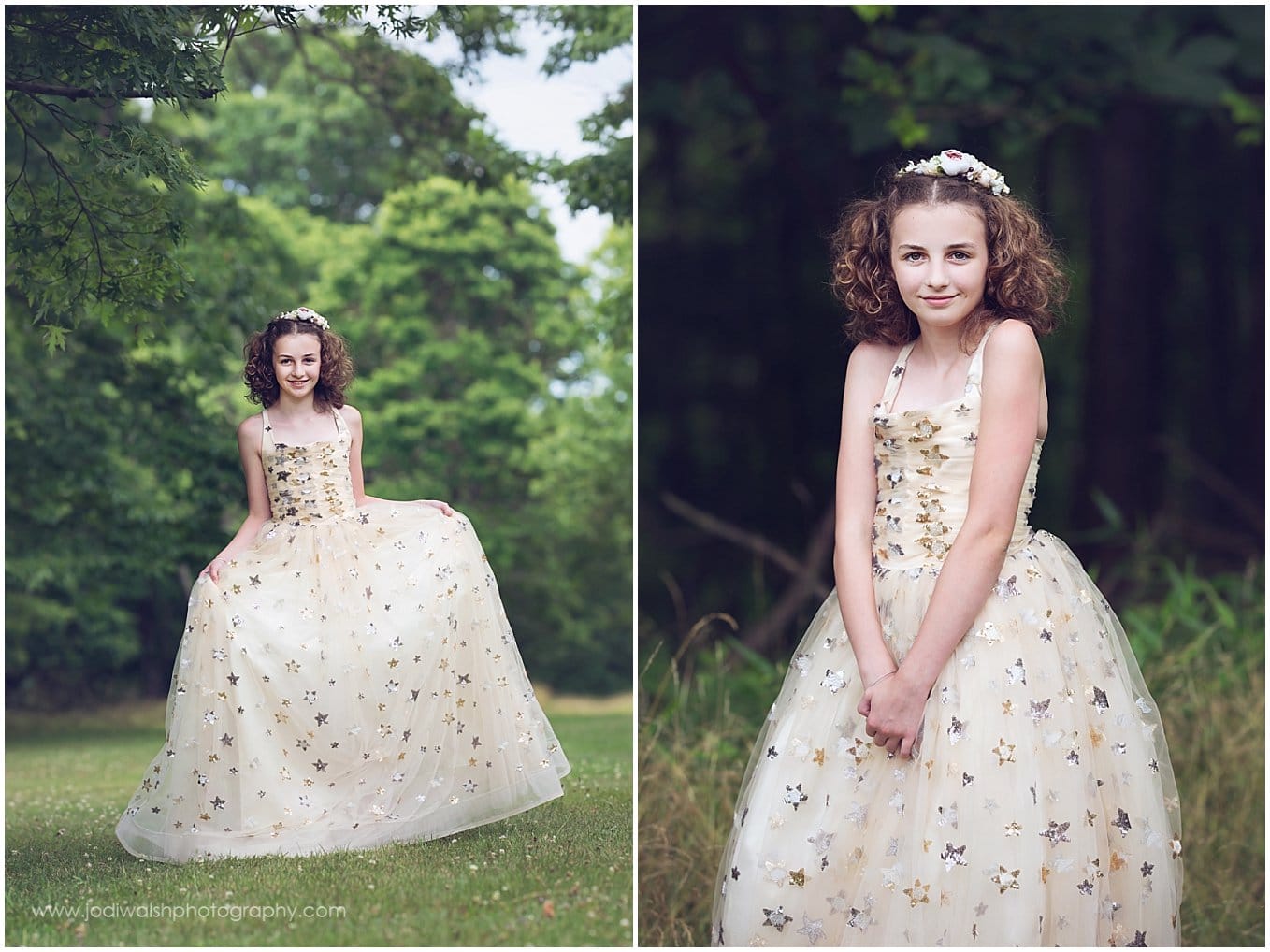 image of a girl wearing a gold princess dress. She has brown curly hair and is standing in North Park.