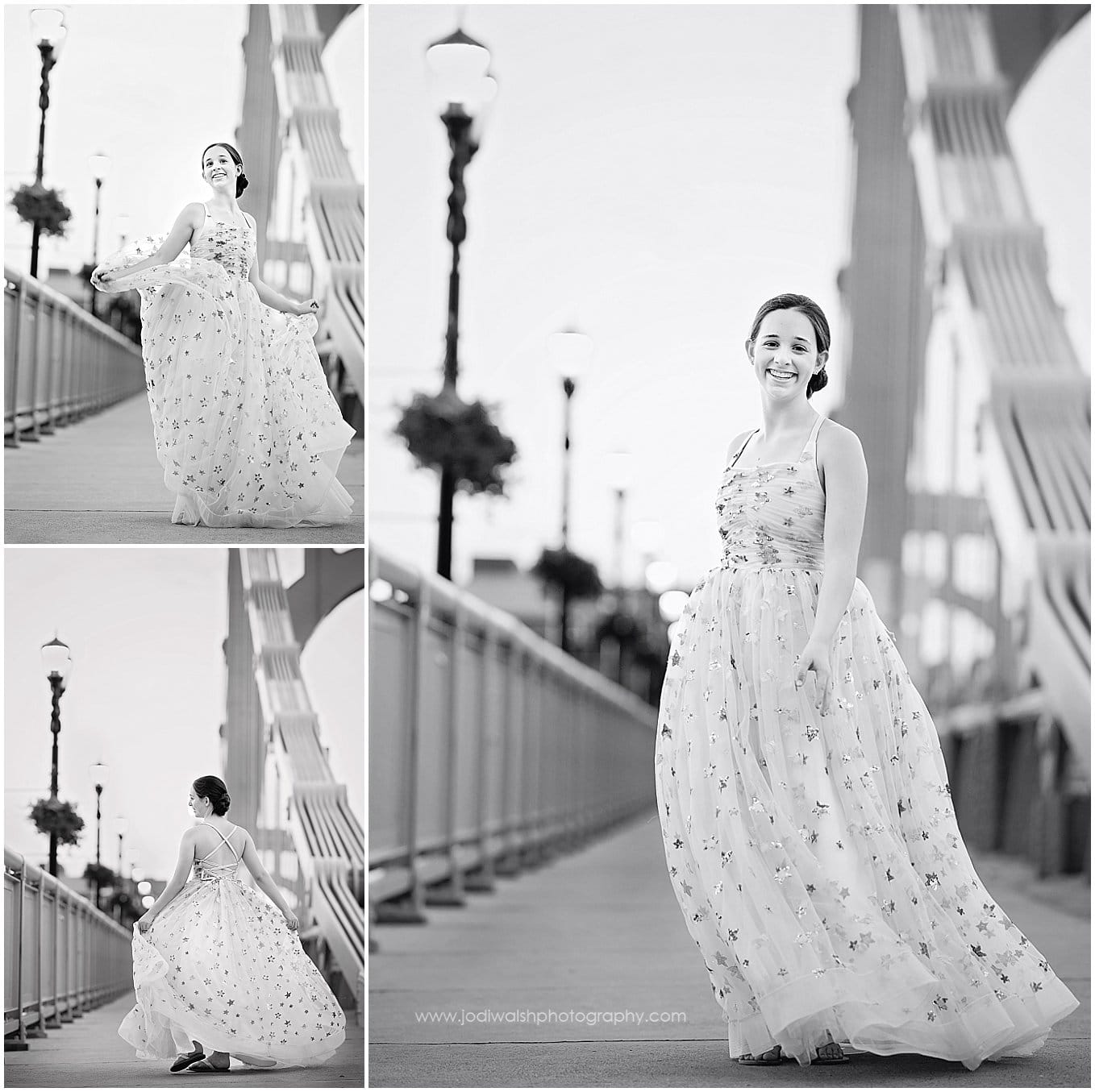 black and white images of a teen girl, wearing a princess dress while walking on the 6th Street Bridge in Pittsburgh