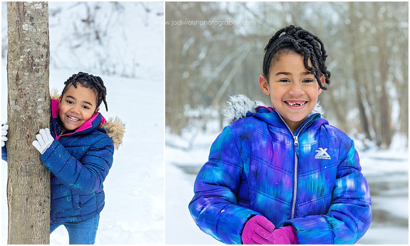 collage of two little girls wearing blue winter coats and gloves as they play in the snow in a park
