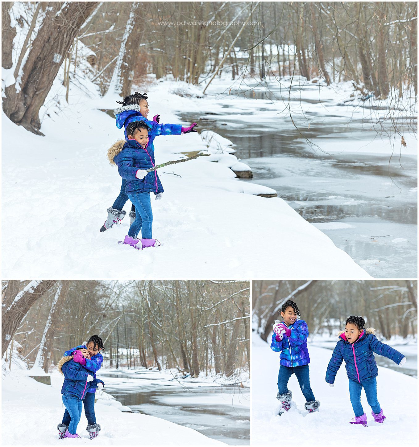 collage of images of two little girls in blue winter coats playing in the snow beside a frozen creek.