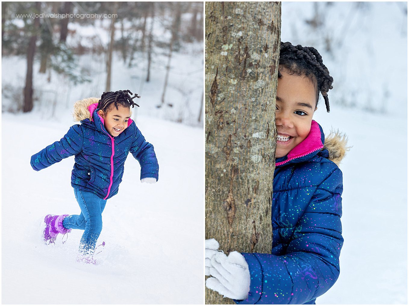 image of a little girl in a blue winter coat running in the snow and hiding behind a tree