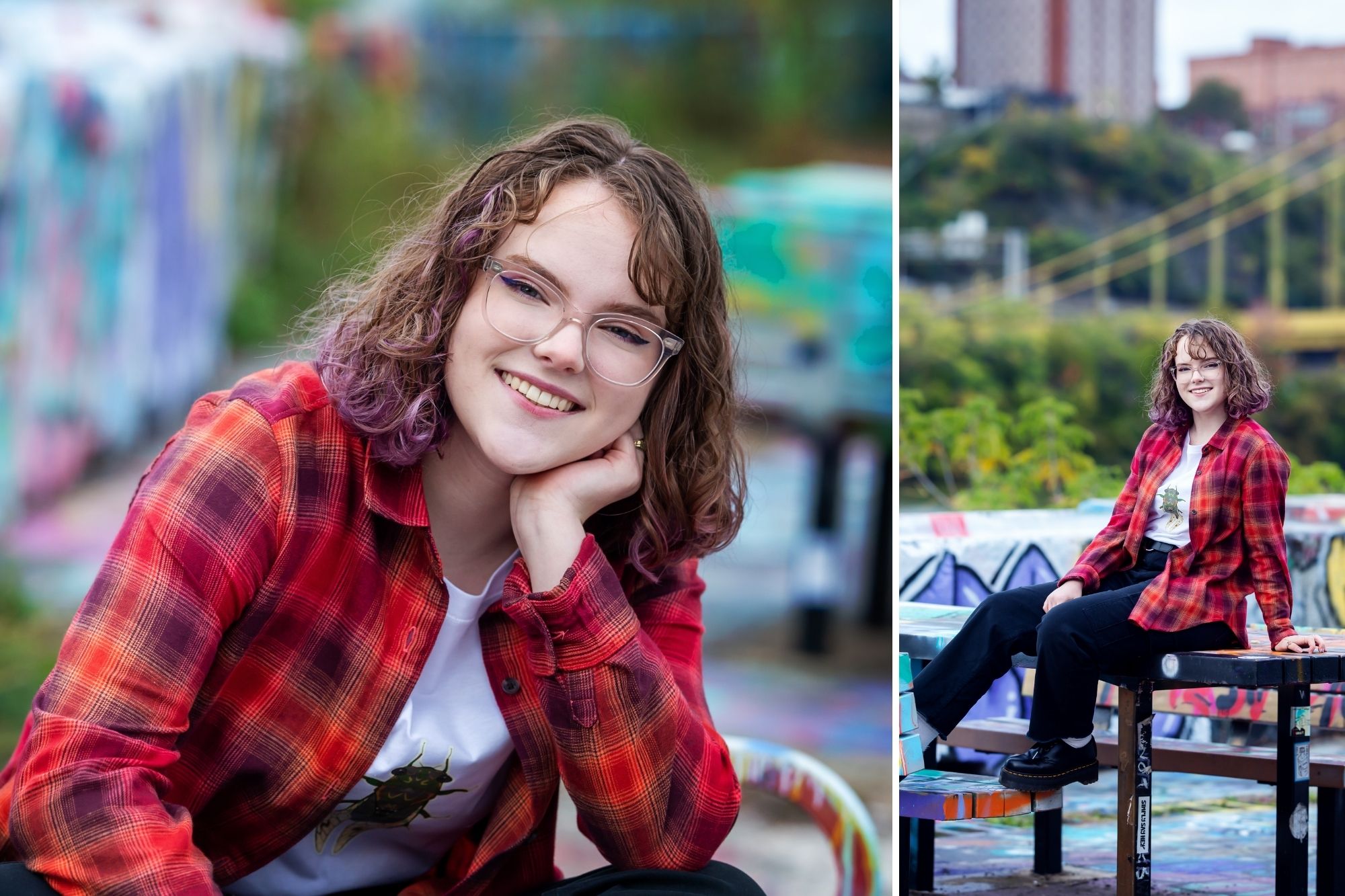 senior girl wearing a red plaid shirt and sitting on a picnic table at the Color Park in Pittsburgh
