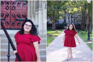 images of a senior girl on Pitt campus. She has dark hair and is wearing a red dress.