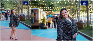 images of a senior girl at the Ft Duquesne pop up park. She's wearing a black short jumpsuit and there are food trucks and city lights behind her.