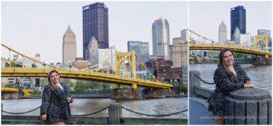 images of a senior girl standing at Allegheny Landing on the North Short of Pittsburgh. The Warhol Bridge is behind her along with the Pittsburgh skyline in the distance.
