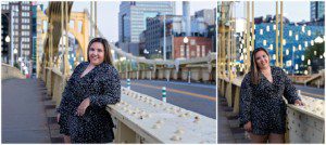 images of a senior girl on the Clemente Bridge in Pittsburgh. It's sunset and the city lights are behind her as she leans against the yellow railing.