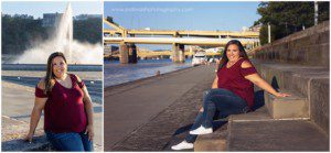 images of senior girl at Point State Park at sunset. She's wearing jeans, a burgundy top and bright white sneakers.
