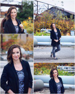 images of a woman wearing a black blazer and jeans. She's standing in an industrial park in Ambridge.