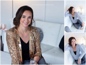 images of a professional woman in a living room with a white couch. 