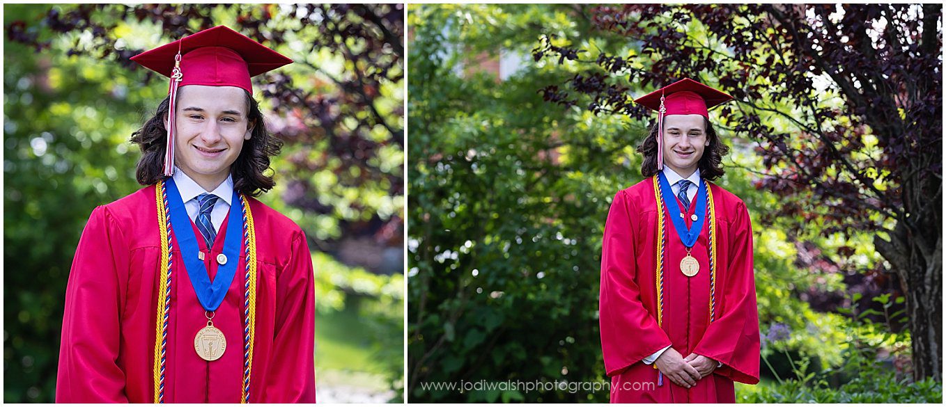 images of a senior guy wearing red cap gown for graduation
