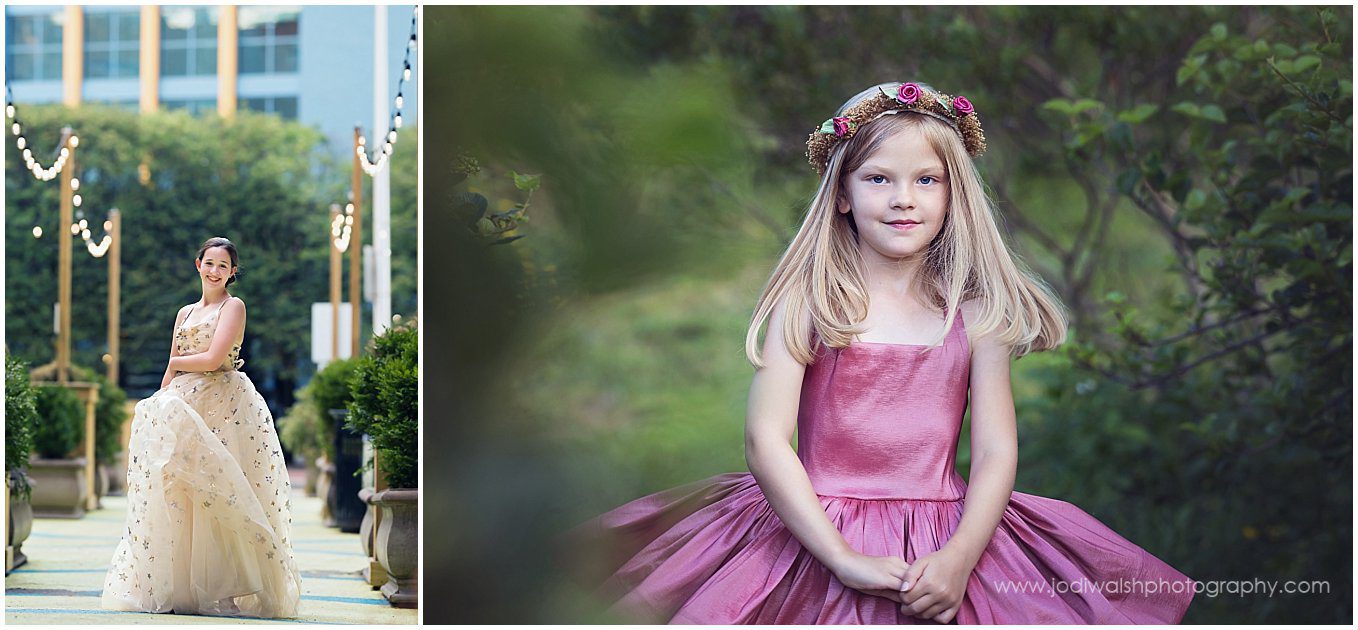 images of one teen and one young girl wearing princess dresses. the teen girl is wearing a gold dress in a garden in downtown Pittsburgh. the young girl is wearing a pink dress and a flower crown in a park