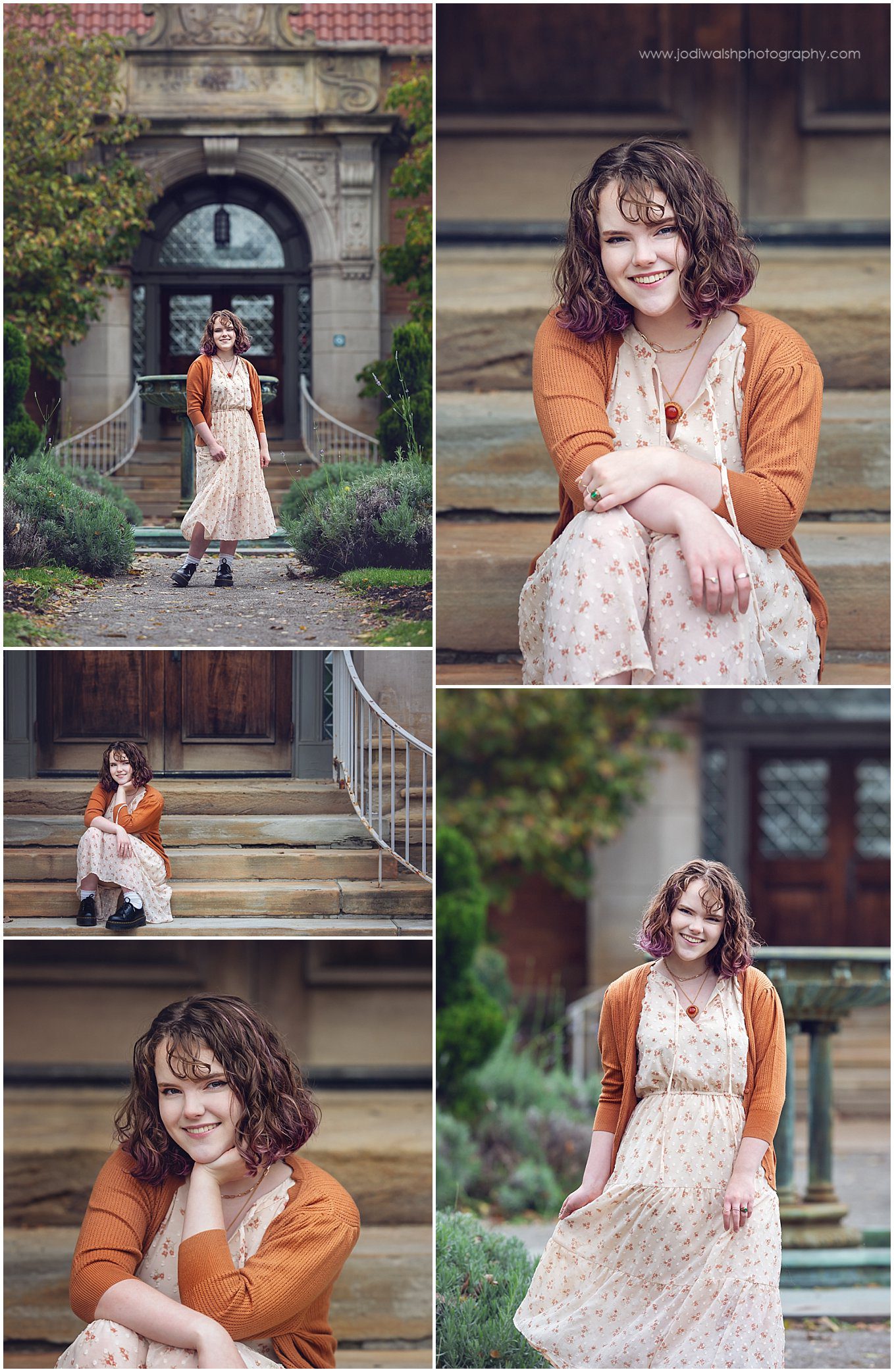 senior girl wearing a white flower dress and an orange cardigan in the outdoor garden by Phipps Conservatory