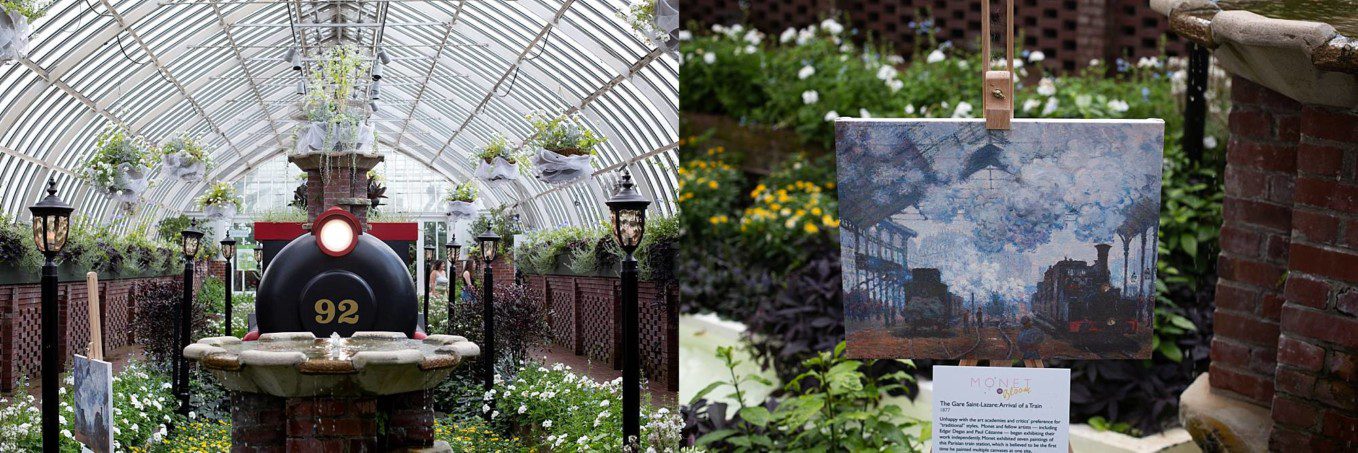 images of the summer flower show at Phipps, Monet in Bloom. Images show the front of a steam engine in a greenhouse garden with a brick fountain in front and rows of flowers on each side. there is also a photograph of the painting, The Gare Saint-Lazare: Arrival of a Train reproduced on a canvas