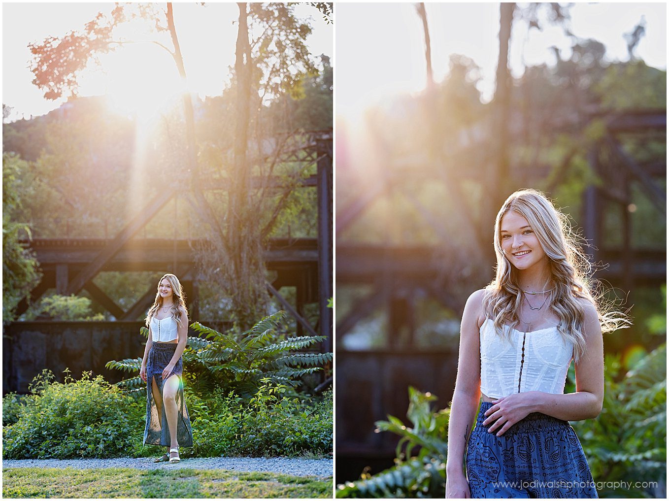 images of a senior girl in a long gray skirt and white top. She's standing in front of a train trestle that cuts across Herrs Island, Pittsburgh