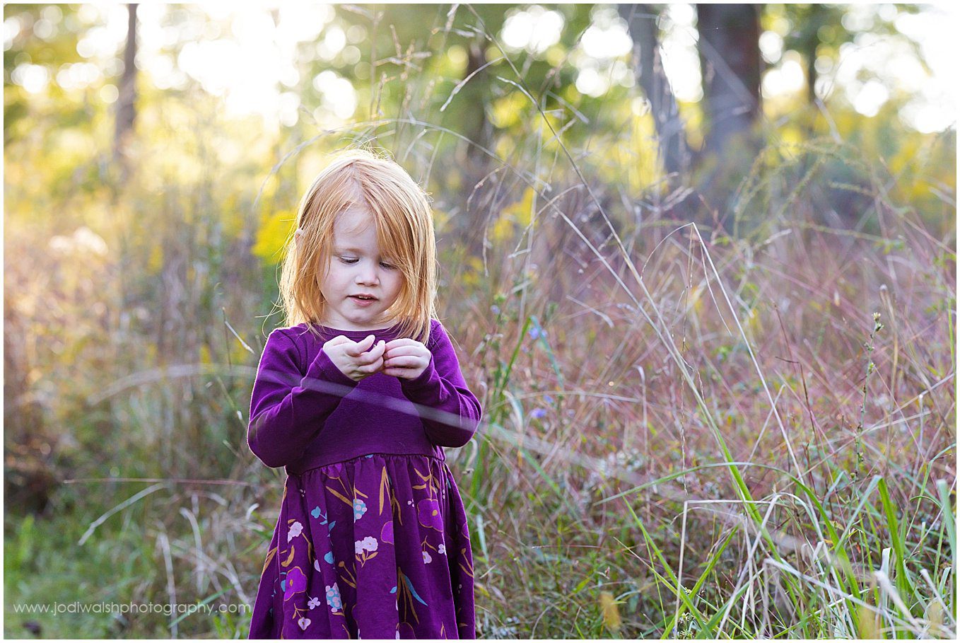 image of a little girl with red hair. She's standing in some tall grasses as the sun is setting behind her and she's looking down at a flower in her hands.