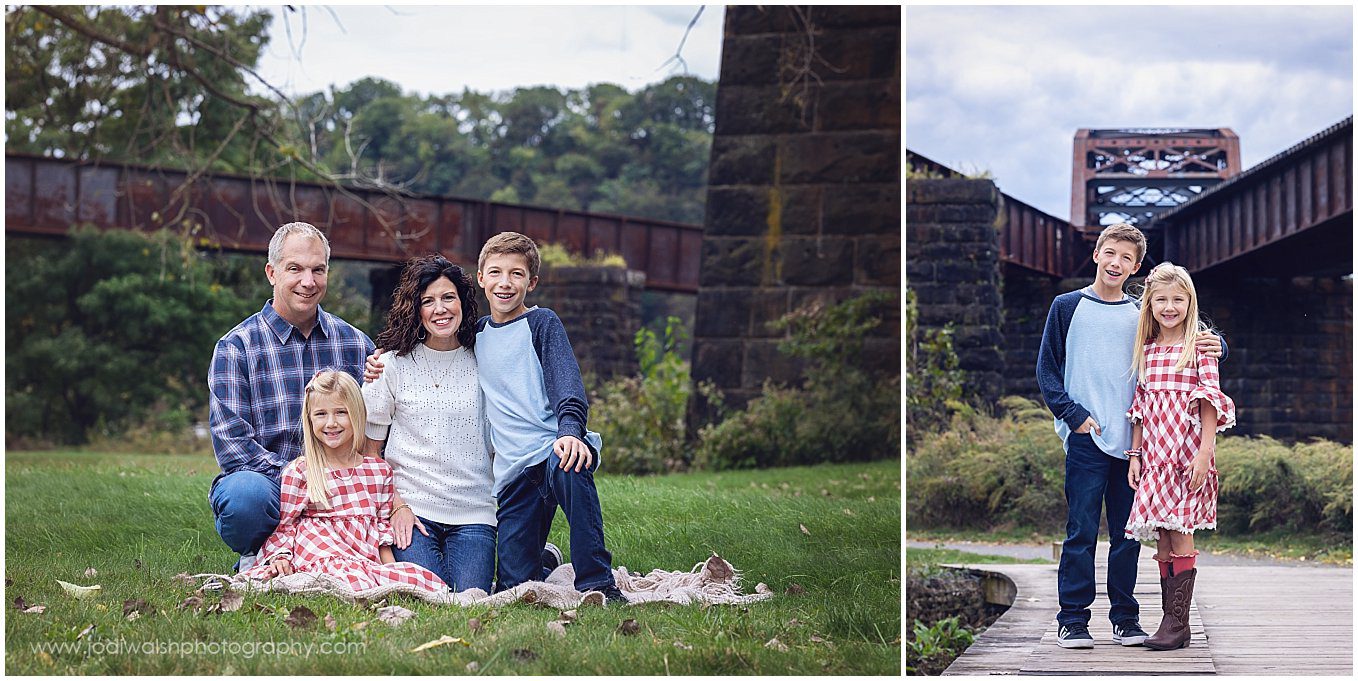 images of a family (mom, dad, boy and girl) in a grassy space with stone and metal train trestles behind them at Aspinwall Riverfront Park