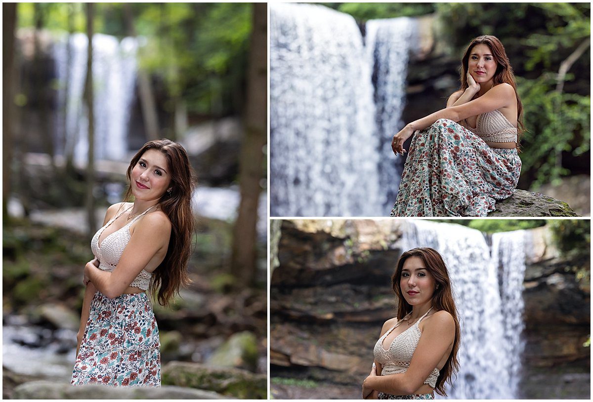 images of a senior girl at Cucumber Falls in Ohiopyle State Park She has long dark hair and is wearing a knitted crop top and long flowered skirt