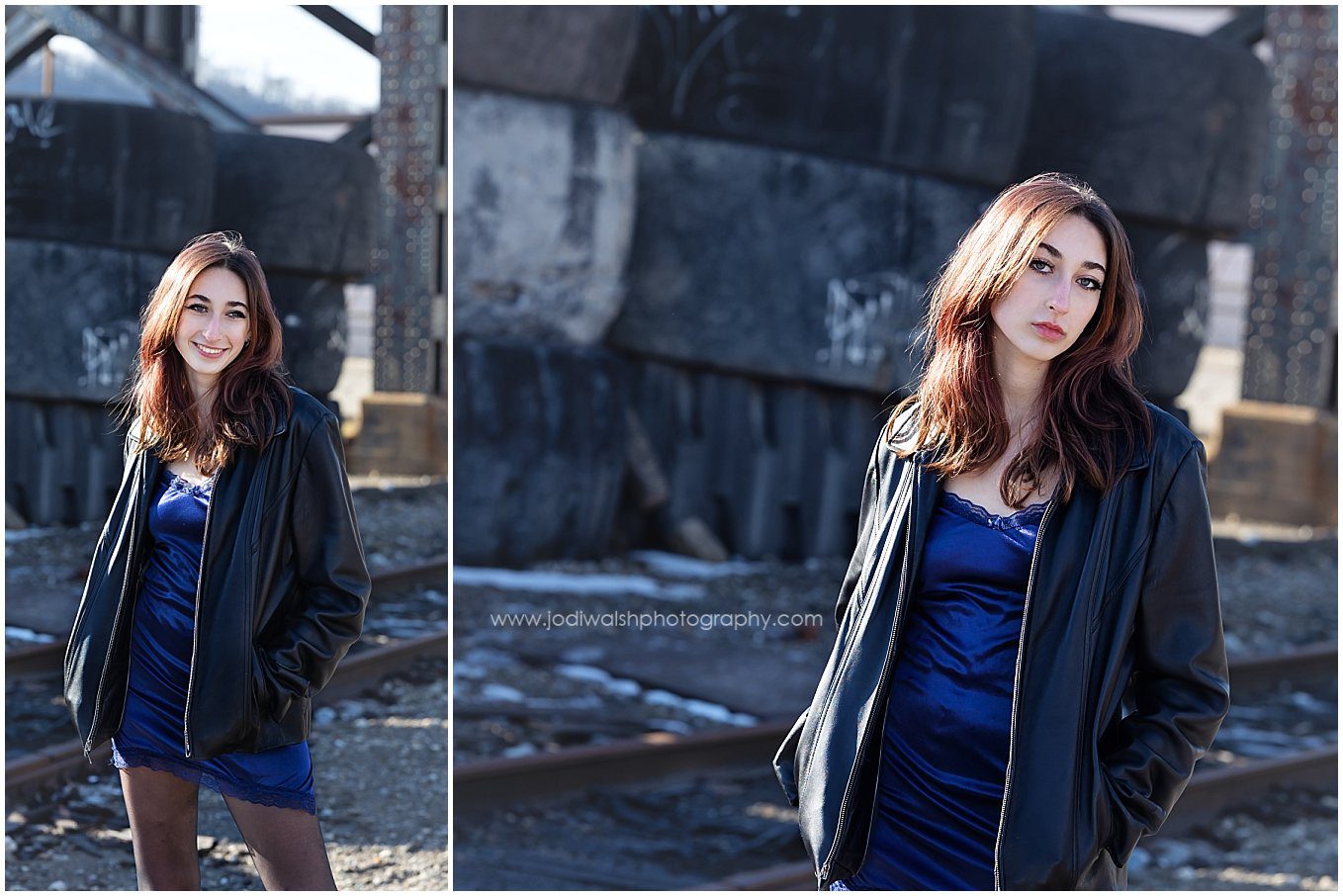 images of a senior girl who is standing in the alley of an industrial area in Pittsburgh's Strip District. She wears a blue silk dress and a black leather jacket. There is a slight dusting of snow on the ground behind her.