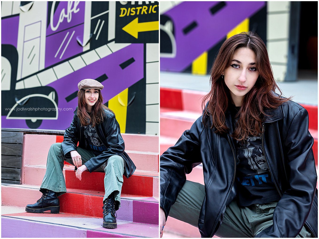 images of a senior girl sitting on colorful steps at the Terminal Building in the Strip District. There's a mural behind her with a big purple road. She's wearing green cargo pants, a leather jacket and a newsboy hat.