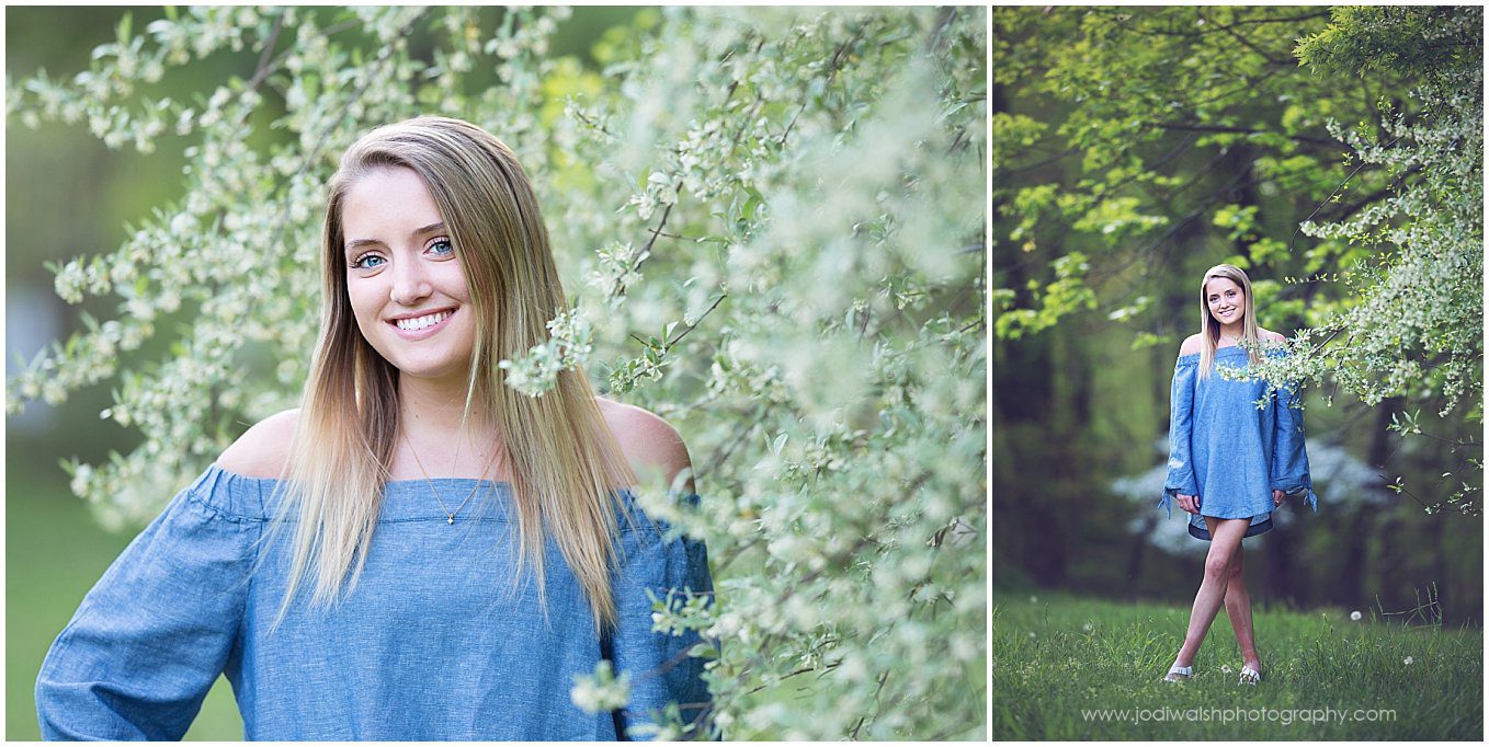 images of a senior girl standing near a white flowering tree in North Park. She's wearing a denim dress that sits off her shoulders and she has long blonde hair and bright blue eyes.