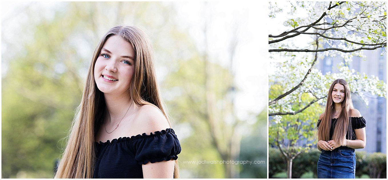 Images of senior girl on Pitt campus in Oakland. She's wearing a black top that's off the shoulder and a denim skirt.