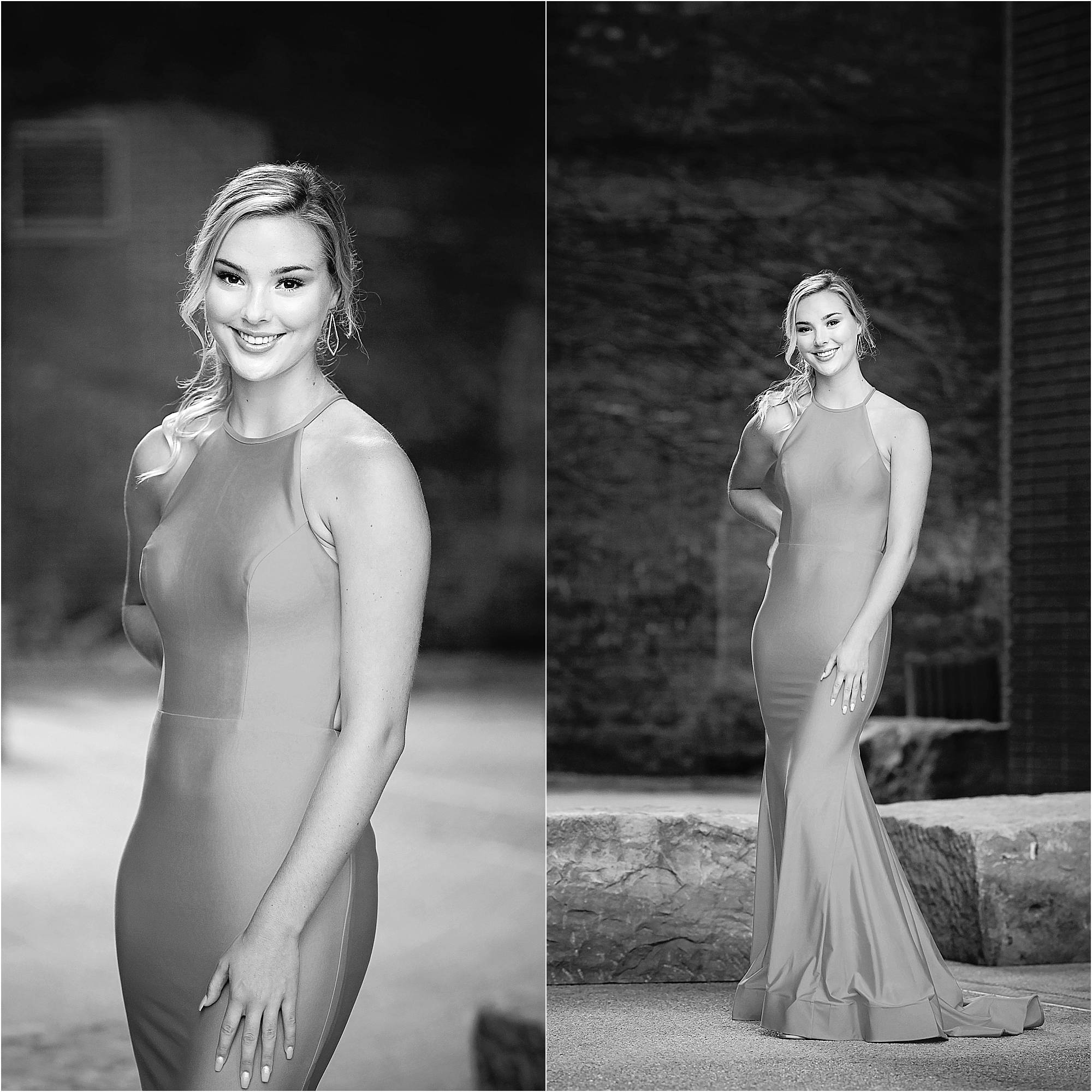 images of a senior girl in a high neck, sleeveless gown. It's fitted and then flares at the knee. She's standing in an alley in downtown Pittsburgh.