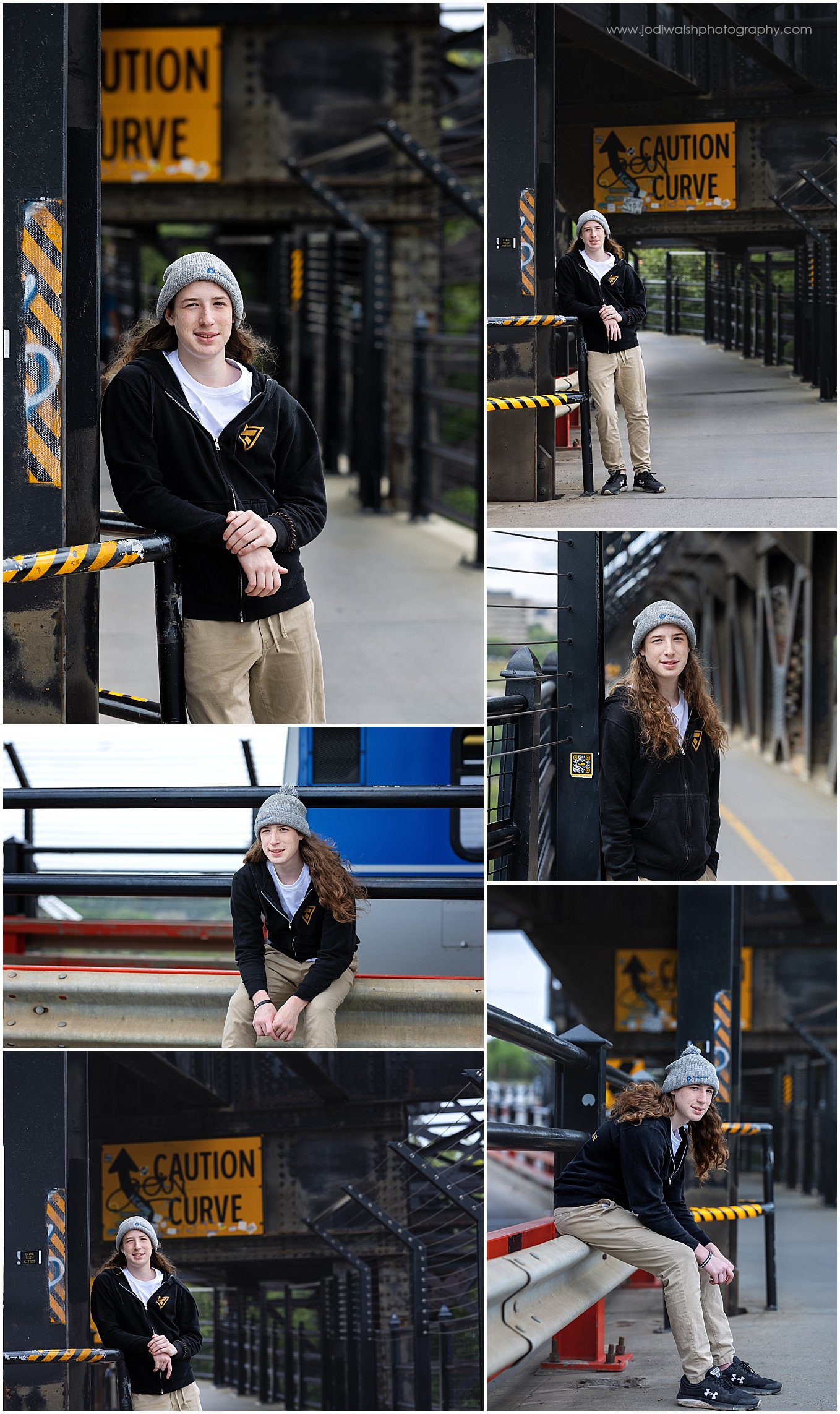 images of a senior guy on the High Level Bridge in Edmonton, Alberta. He's wearing a black hoodie, a gray knit cap, and khaki pants. He has long wavy and freckles.