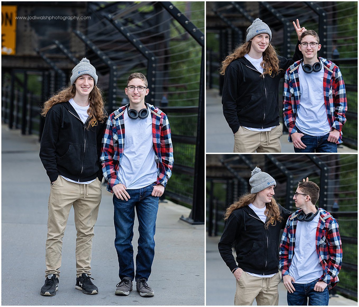 images of senior twin brothers. They're standing together and smiling. In one image one brother puts two fingers up as bunny ears behind the other brother's head. They're standing on the High Level Bridge in Edmonton