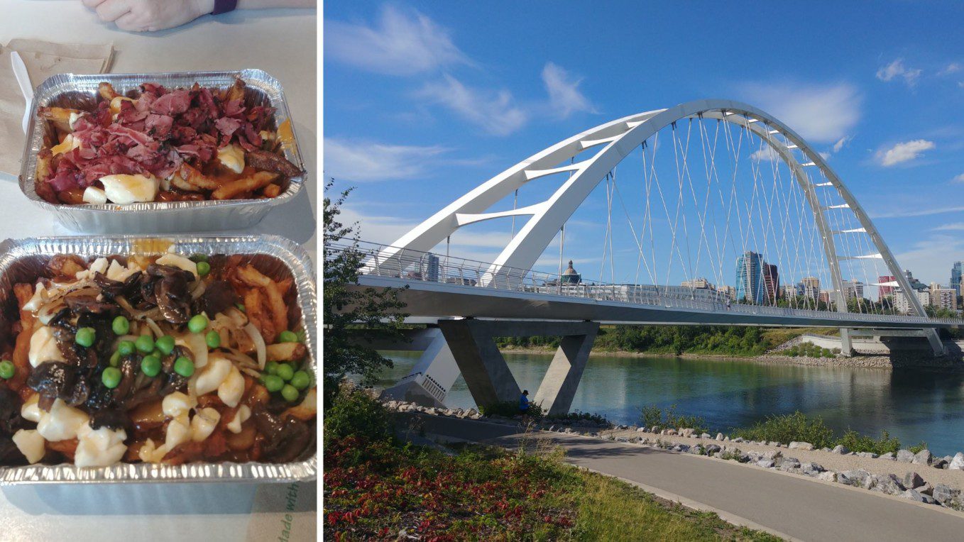 image of dishes of poutine and the Walterdale Bridge in Edmonton, Alberta