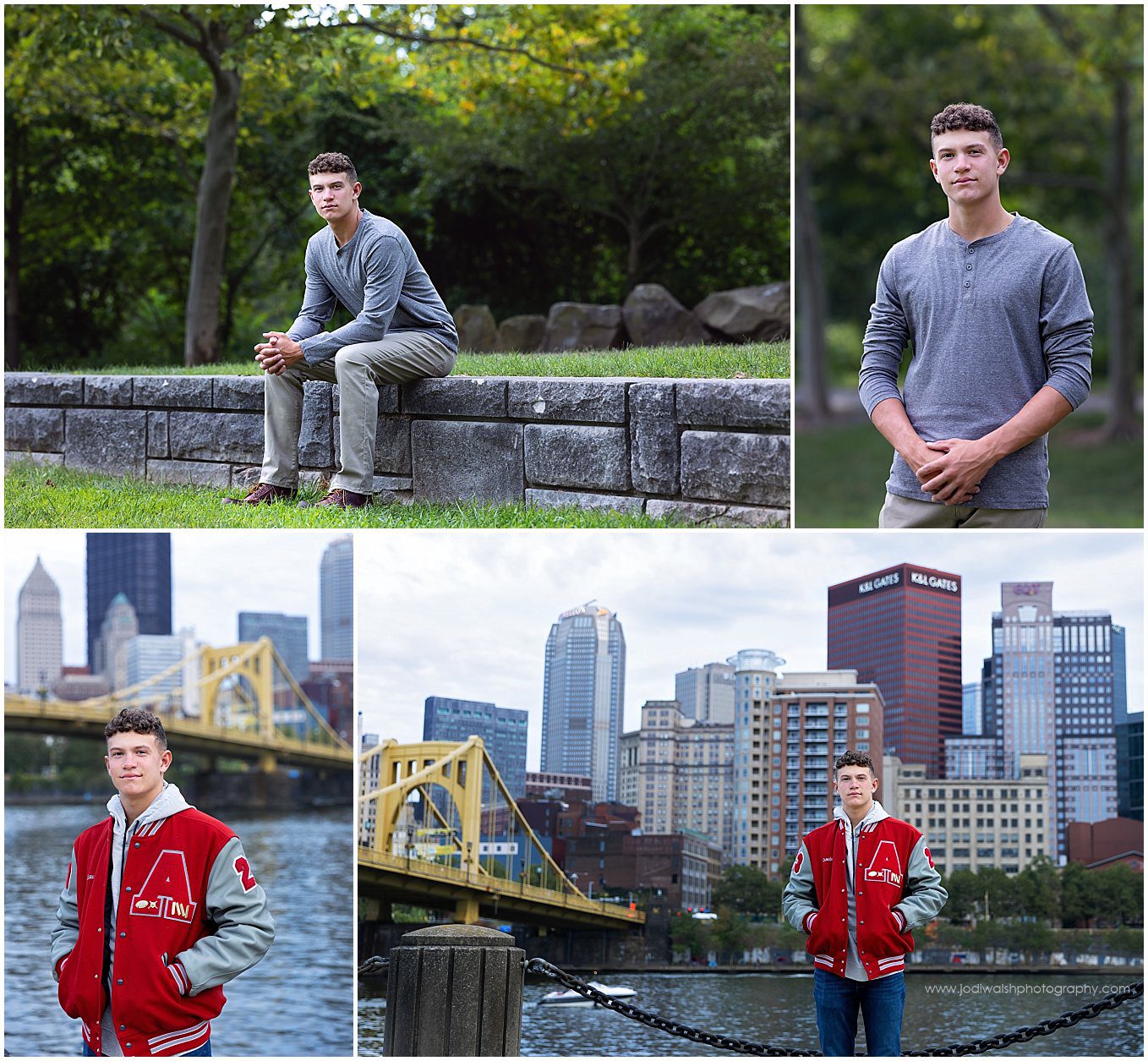 images of a senior guy at Herrs Island Park and the Allegheny Landing in Pittsburgh. He's wearing a gray sweater in the park photos and a red letterman's jacket in images downtown.