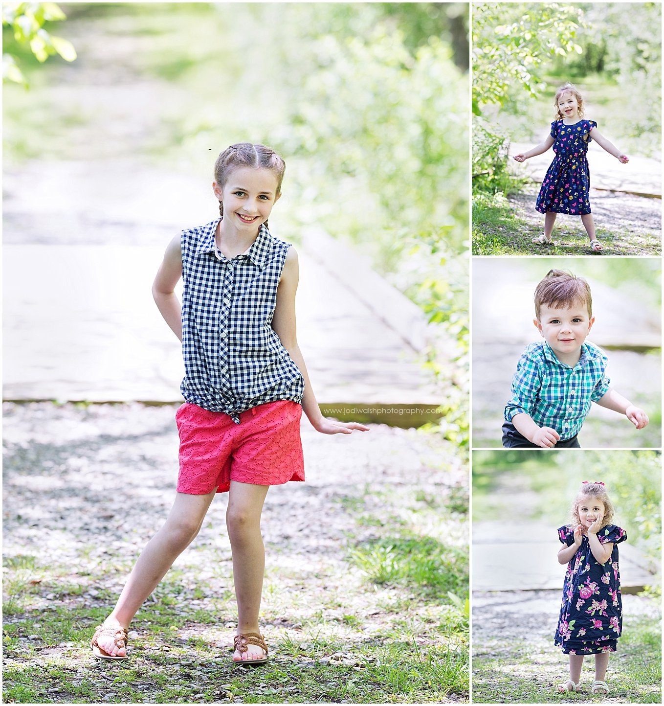 images of kids in their spring outfits on a walking trail in Moraine State Park. It's spring and they're all wearing shorts and spring dresses.