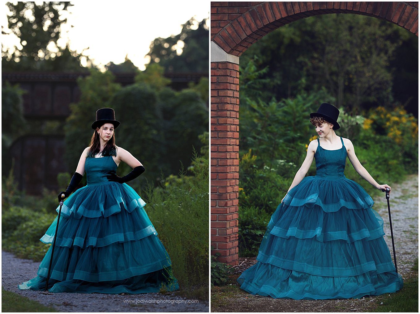 images of two teens, each wearing a teal gown with layers of tulle in the skirt.  They also are wearing a top hat and holding a black cane.