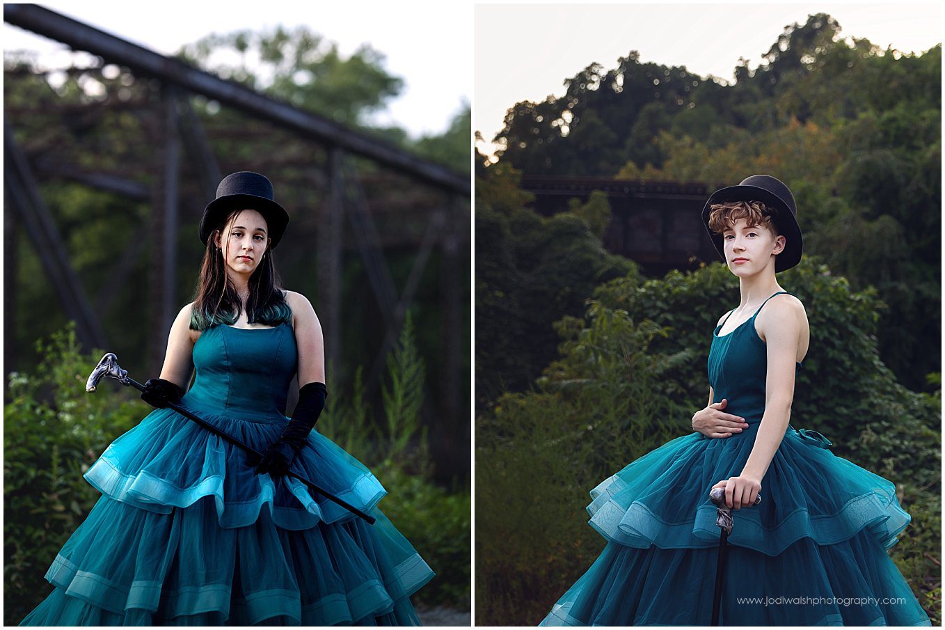 images of two teens, each wearing a teal gown and top hat.  Both are standing in front of a train trestle and each have a black cane in their hands.  The images show how the same dress can work on two different teens